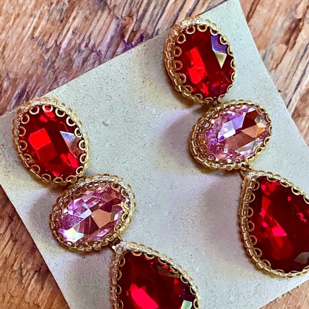 NWT Anthropologie Deepa Beaded Red & Pink Crystal Chandeliers - Picture 6 of 10